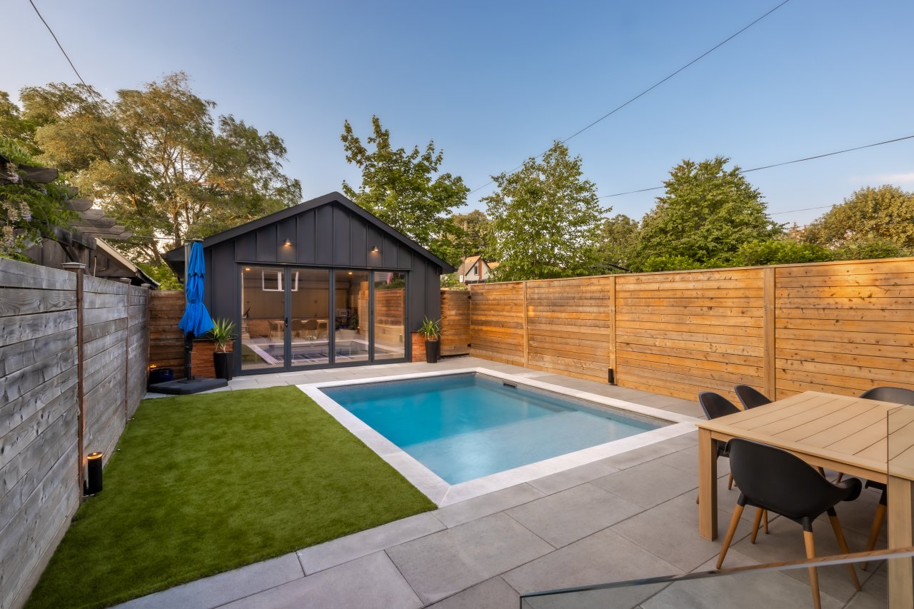 Backyard pool and shed